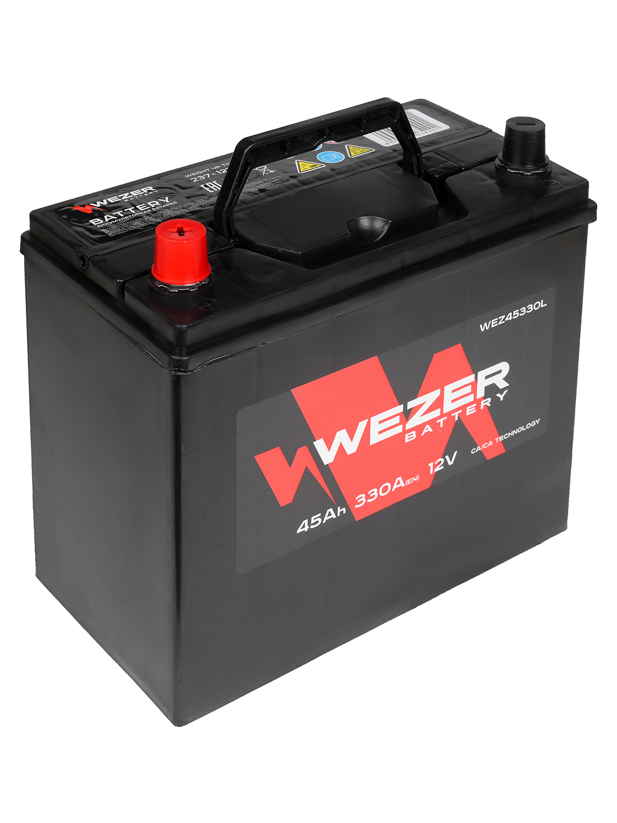 Car batteries WEZER 45Ah 330A + on the left in Europe